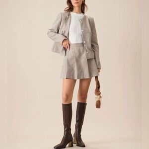 Rihoas Round Neck Khaki Single-Breasted Jacket & Khaki Pocket Pleated Mini Skirt